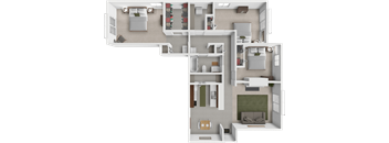 A 3D floor plan of a house with multiple rooms and furniture.