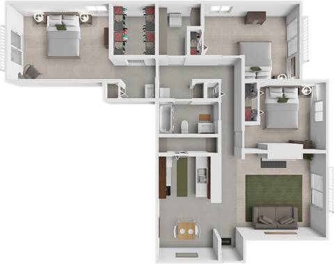 A 3D floor plan of a house with multiple rooms and furniture.