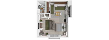 a 3d rendering of a studio apartment floor plan at Eastland apartments in Grand Rapids.