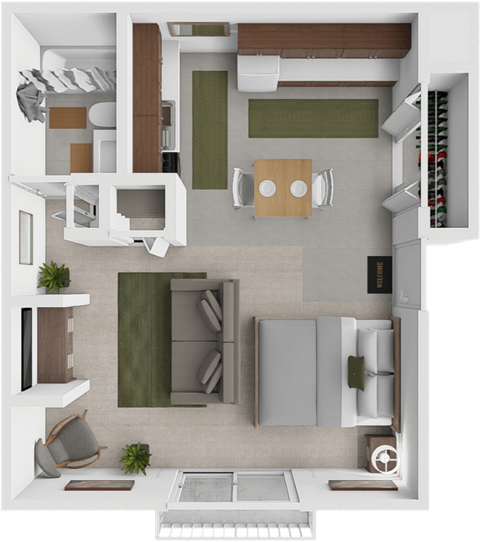 a 3d rendering of a studio apartment floor plan at Eastland apartments in Grand Rapids.