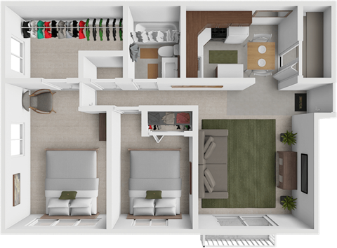 a 2 bedroom apartment floor plan at eastland apartments with large closet.
