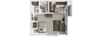 a 3d rendering of a studio apartment floor plan at Eastland apartments in Grand Rapids.