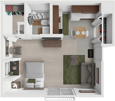 a 3d rendering of a studio apartment floor plan at Eastland apartments in Grand Rapids.