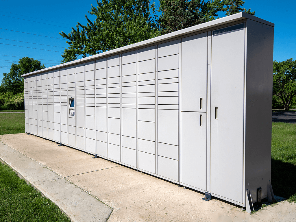 the side of a amazon hub with a garage door