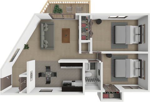A 3D rendered image of a 2 bedroom apartment at eden park apartments.