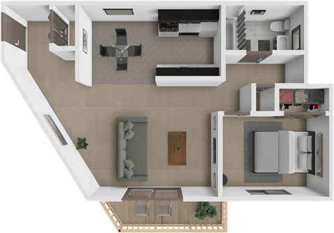 A 3D floor plan of an apartment with a kitchen, living room, and bathroom and one bedroom.