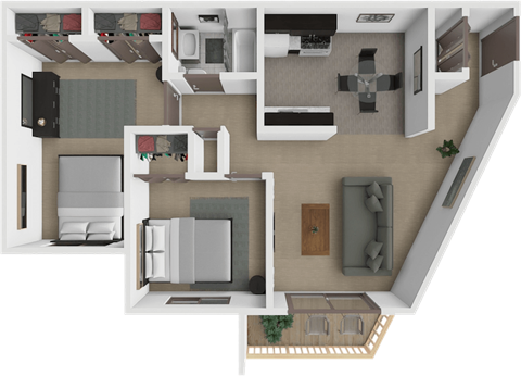 A 3D floor plan of a 2 bedroom 1 bathroom apartment.