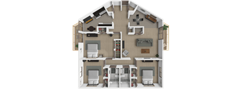 A 3D floor plan of a spacious 3 bedroom apartment with 2 bathrooms at eden park apartments.