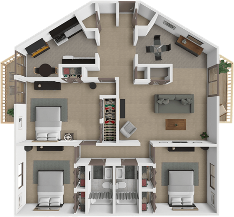 A 3D floor plan of a spacious 3 bedroom apartment with 2 bathrooms at eden park apartments.