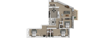 A 3D rendered image of an apartment with 3 bedroom and 1 bathroom at eden park apartments.
