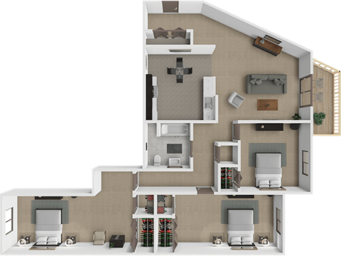 A 3D rendered image of an apartment with 3 bedroom and 1 bathroom at eden park apartments.