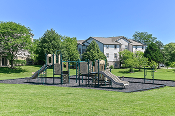 A playground with a slide and a green lawn.