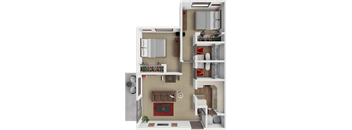 A 3D floor plan of a small apartment with a living room, kitchen, and bedroom.