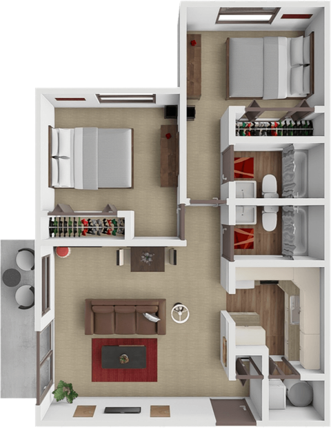 A 3D floor plan of a small apartment with a living room, kitchen, and bedroom.