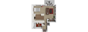 A top-down view of a living room with a couch, a chair, a coffee table, and a small potted plant.