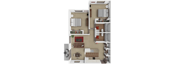 A 3D floor plan of a small apartment with a kitchen, living room, and bedrooms.