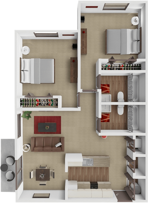 A 3D floor plan of a small apartment with a kitchen, living room, and bedrooms.