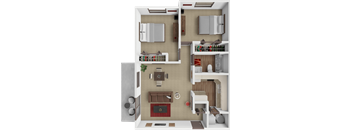 A 3D floor plan of a small apartment with a kitchen, living room, and bedroom.