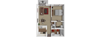 A 3D rendered image of a small apartment layout.