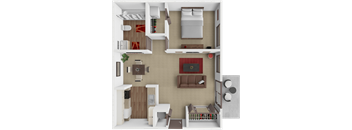 A 3D floor plan of a small apartment with a kitchen, living room, and bedroom.
