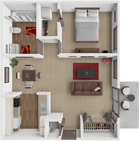 A 3D floor plan of a small apartment with a kitchen, living room, and bedroom.