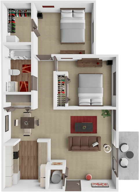 A 3D floor plan of a small apartment with a living room, kitchen, and bathroom.