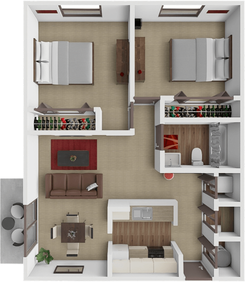 A 3D rendered image of a small apartment layout.