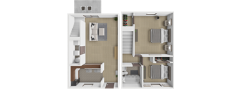 a split image of a bedroom and a living room