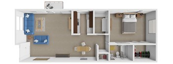 A 3D rendered image of a small apartment layout.