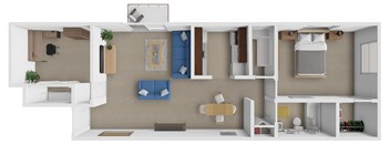 A 3D floor plan of a small apartment with a kitchen, living room, and bedroom.