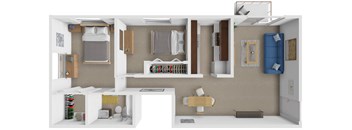 A 3D rendered image of a small apartment layout.