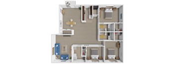 A 3D floor plan of a small apartment with a kitchen, living room, and bathroom.