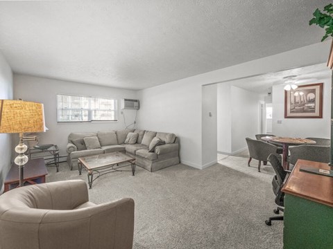 A living room with a grey couch and a brown armchair.
