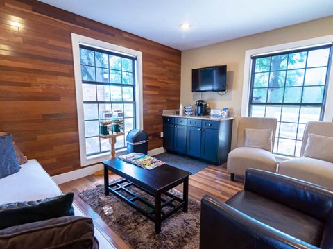 a living room with a couch and a coffee table
