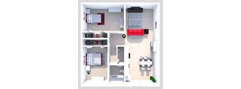 a 3d rendering of a bedroom floor plan with a living room and a kitchen