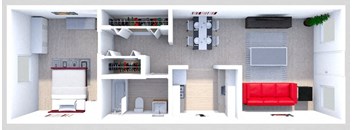 a 3d rendering of a house with a living room and a bedroom