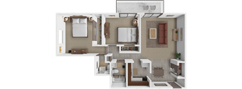 A top-down view of a modern apartment layout with a kitchen, living room, and bedrooms.