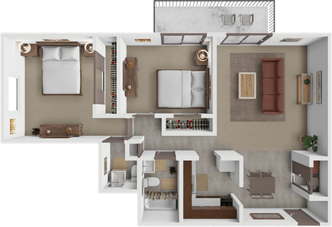 A top-down view of a modern apartment layout with a kitchen, living room, and bedrooms.