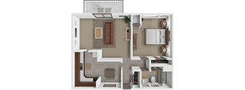 A 3D floor plan of a small apartment with a kitchen, living room, and bedroom.