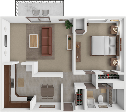 A 3D floor plan of a small apartment with a kitchen, living room, and bedroom.