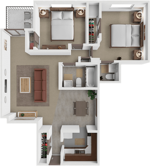 A 3D floor plan of a house with a kitchen, living room, dining area, and bedrooms.
