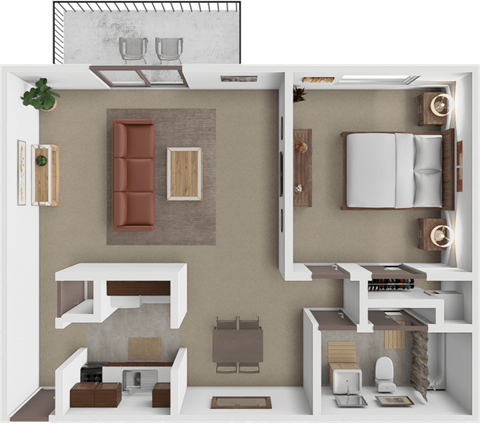 A modern, minimalist interior design layout featuring a kitchen, living room, and bathroom.