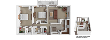A 3D floor plan of a house with a kitchen, living room, and dining area.