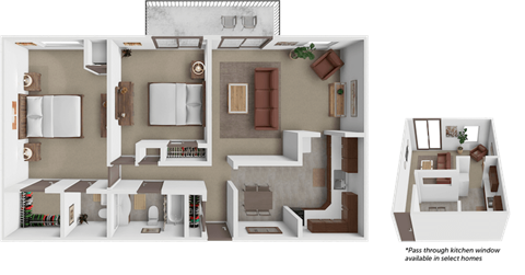 A 3D floor plan of a house with a kitchen, living room, and dining area.