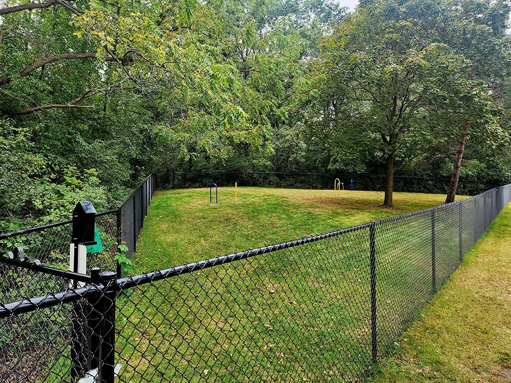 a chain link fence around a field with trees