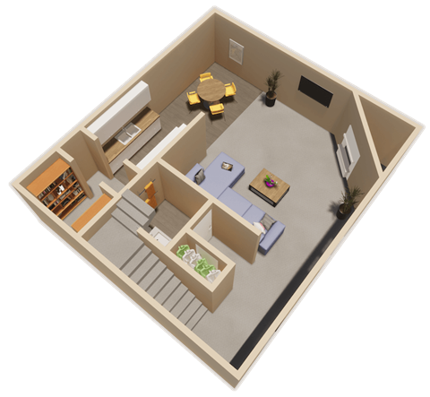 downstairs 2 bed 2 and a half bath floor plan at fairfield apartments