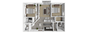 a rendering of a 3d floor plan with a bedroom and a living room