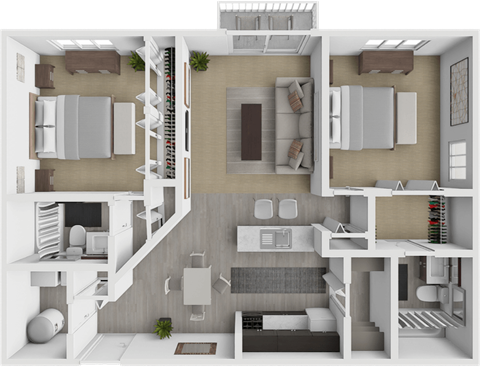 a rendering of a 3d floor plan with a bedroom and a living room