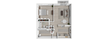 a rendering of a 1 bedroom floor plan with a bathroom and a living room