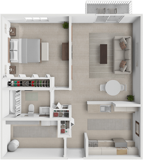 a rendering of a 1 bedroom floor plan with a bathroom and a living room